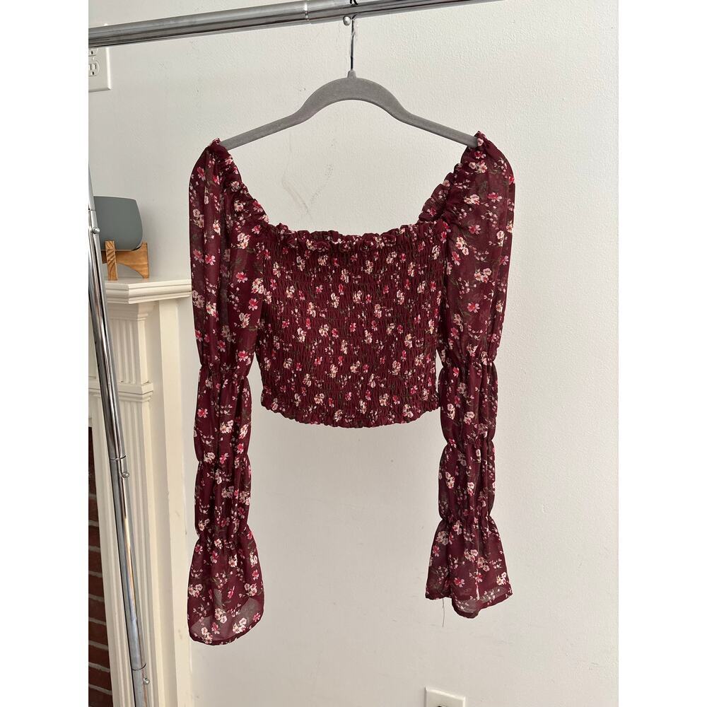 Wild Fable Floral Smocked Crop Top XS Burgundy Long Sleeve Cottagecore Blouse - Picture 11 of 12